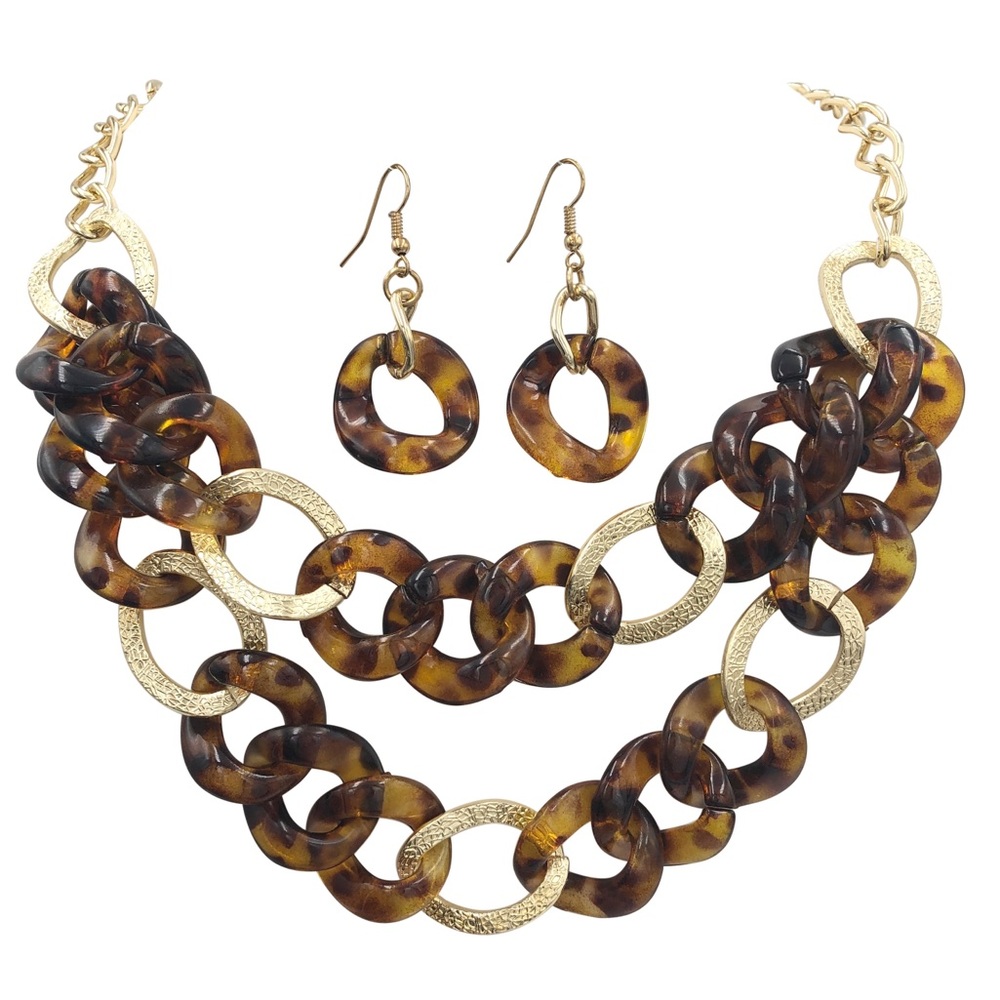 Tortoise Shell 2 Row Chunky Chain Necklace Set